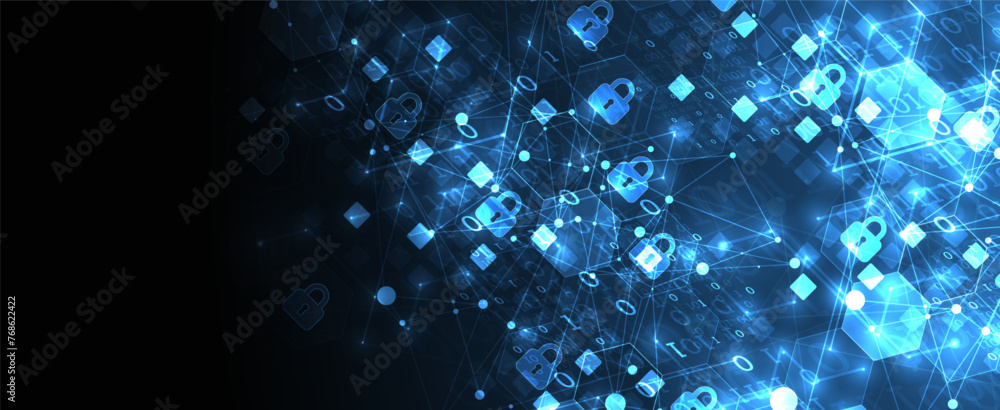 Fototapete Technological background with isometric ornament. Digital security, information protection. Lock icons in the middle of the hexagon.