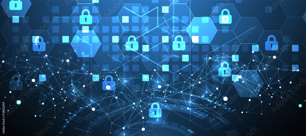 Poster Technological background with isometric ornament. Digital security, information protection. Lock icons in the middle of the hexagon.