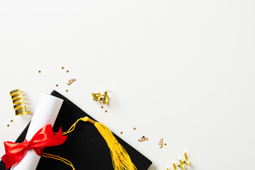 Graduation cap and diploma with gold glitter tinsel on white background. Graduation party concept. - Powered by Adobe