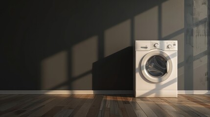 3D washing machine in an empty room with a blank black wall behind it. - obrazy, fototapety, plakaty