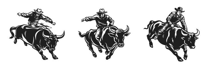 Rodeo vector illustration. Cowboy riding bull hand drawn black on white background. Mal rider bucking silhouette. - obrazy, fototapety, plakaty
