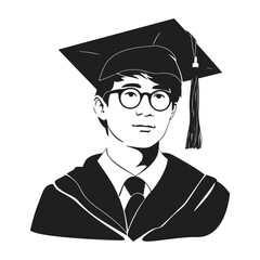 Graduating student vector illustration. Portrait of young asian man on graduation ceremony hand drawn black on white background. Education silhouette.