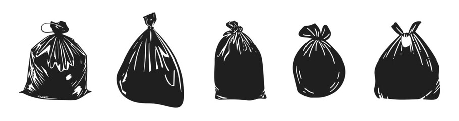 Garbage bags vector illustration. Waste plastic package hand drawn black on white background. Rubbish silhouette.