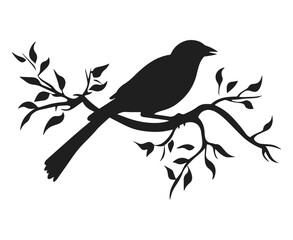 Bird on branch vector illustration. Small sparrow sitting on tree hand drawn black on white background. Spring nature decorative silhouette.
