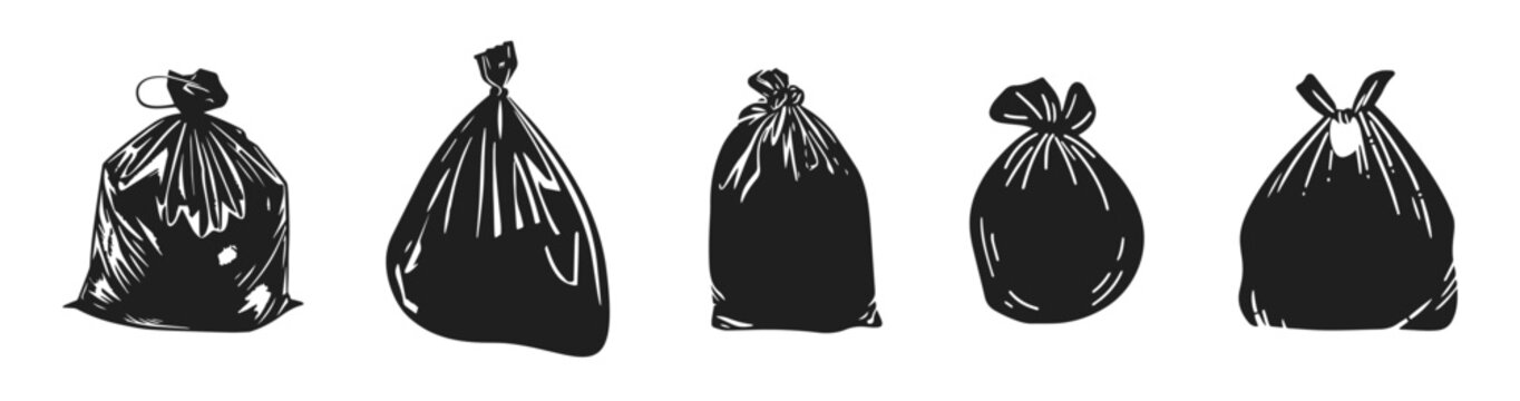 Garbage bags vector illustration. Waste plastic package hand drawn black on white background. Rubbish silhouette.