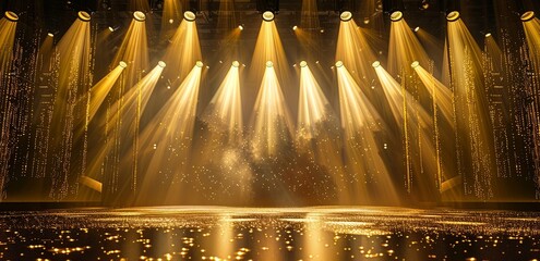 A stage with golden spotlights shining down, creating an atmosphere of mystery and grandeur - obrazy, fototapety, plakaty