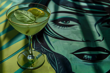 A vibrant cocktail glass garnished with lemon and mint leaf, set against a striking pop art style...