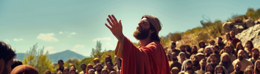 Jesus delivering the Sermon on the Mount, His hands raised in a gesture of blessing to the attentive crowd
