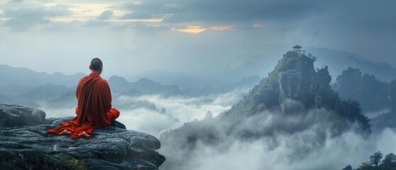 Monk in deep meditation on a serene mountain peak, surrounded by mist - obrazy, fototapety, plakaty
