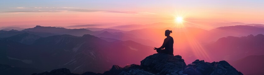 Silhouette meditating on a mountain peak at sunrise, the horizon glowing softly - obrazy, fototapety, plakaty