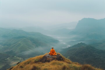 Solitary monk on a mountain, meditating in the calm of a misty morning