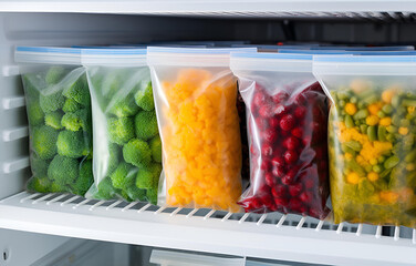 Plastic bags with deep frozen vegetables on white shelves in the