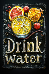 Illustration with a colorful lettering - Drink water and lemon in chalk design style on a black background. The pattern is perfect for the design of posters, cards, banners, chalk boards