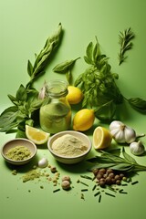 Green fresh fruits, vegetables, and cooking ingredients on green coloured background.