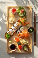 Japanese cuisine sushi on wooden plate. Close up view with natural lighting..