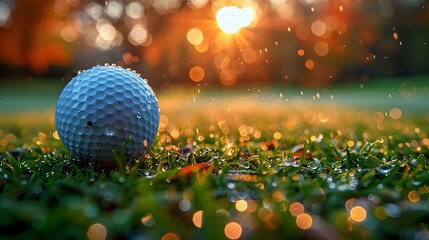 Golf Ball on Vibrant Sunset Drenched Grass with Bokeh Raindrops