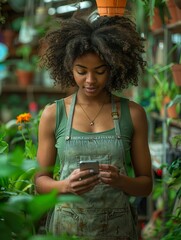 Beautiful african american woman florist in a green t-shirt and apron stands in the shop with plants on the table and scrolls the phone while working. Busy business lady taking orders online. - 768625002