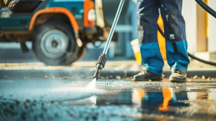 Fototapeta premium Close-up of worker cleaning driveway with gasoline high pressure washer. High pressure deep cleaning. Professional cleaning services