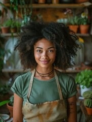 Beautiful african american woman florist in a green t-shirt and apron stands in the shop with plants on the table and scrolls the phone while working. Busy business lady taking orders online. - 768625016