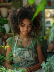 Beautiful african american woman florist in a green t-shirt and apron stands in the shop with plants on the table and scrolls the phone while working. Busy business lady taking orders online.