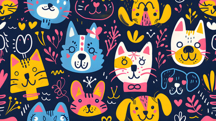 Kids seamless pattern with cute cats and dogs