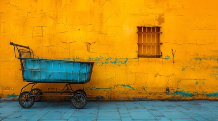 Shopping Cart Contrast on A Vintage Yellow Wall in Mexican Cityscape