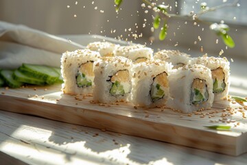 Japanese cuisine sushi on wooden plate. Close up view with natural lighting.