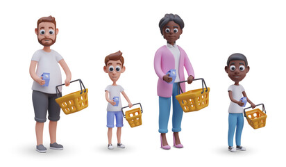 Set of adult and children characters with empty shopping baskets