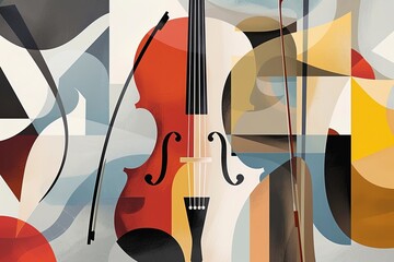 A minimal and dynamic design with large shapes of musical instruments.
