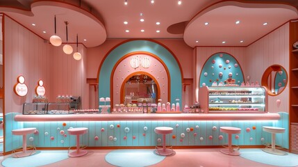 Modern retro-style patisserie café interior with pastel colors and chic dessert presentation....