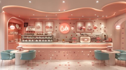 Modern retro-style patisserie café interior with pastel colors and chic dessert presentation....