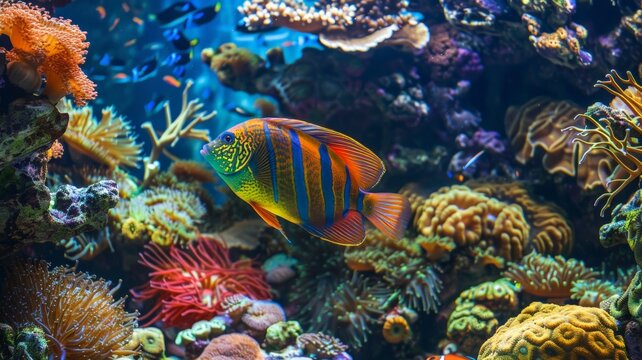 Tropical fish on the coral reef. World Oceans Day or World Oceans Day.