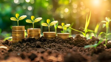 Financial Growth Blooms Green Plants Sprout on Golden Coins in a Sunlit Forest Soil