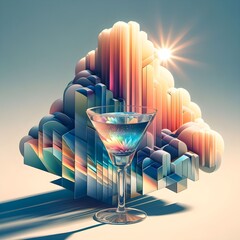 Sunlit rainbow mocktail glass with clouds reflected in it.