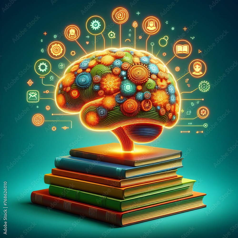 Poster a vibrant image of a brain composed of colorful flowers on top of a stack of books, glowing with sym