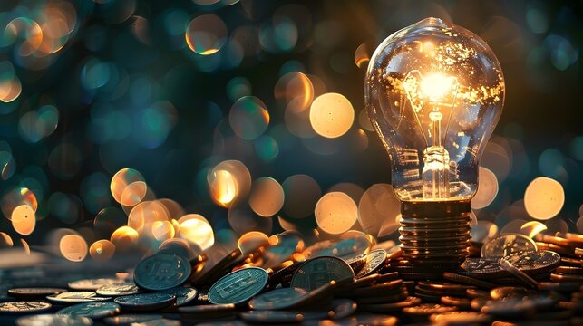 Financial Inspiration Glowing A Light Bulb Surrounded by Coins on a Bokeh Background Symbolizing Creative Money-Making Ideas
