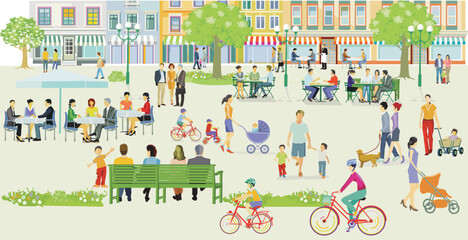 Stadtsilhouette mit Menschengruppen in der Freizeit im Wohnviertel, Illustration - 768626221
