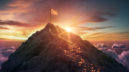 A flag atop the peak of an enchanted mountain, illuminated golden sunlight, symbolizing achievement and victory. The scene is captured in high resolution with stunning realism, showcasing breathtaking
