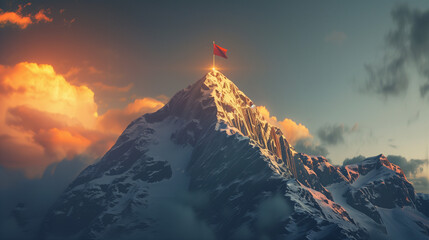  A red flag on top of a snowy mountain, during golden hour, in the style of illustration, concept art fantasy, with cinematic lighting, high resolution photography, insanely detailed