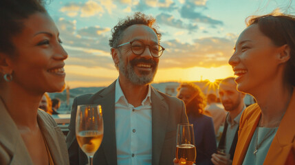 Cool, elegant professional people having fun at rooftop party at sunset