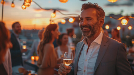 Cool, elegant professional people having fun at rooftop party at sunset
