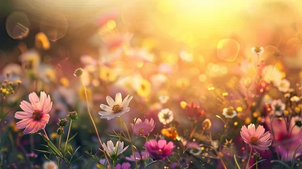 Gardinen Vibrant wildflowers bask in golden sunlight. © Polina