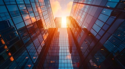 Fototapeta na wymiar Modern Skyscrapers Sunset Reflection Symbolizing Business Success and Innovation