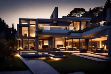 Evening view of a luxurious modern house