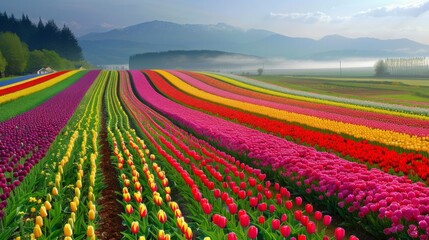 Colorful Tulip Field Under Cloudy Sky