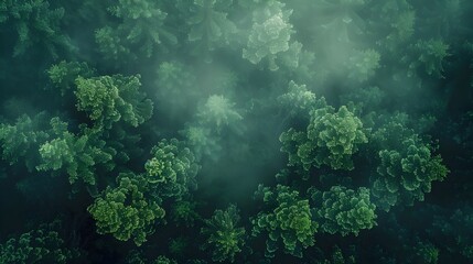 Naklejka na ściany i meble Aerial Perspective of a Harmonious Green Forest Fractal Trees in a Foggy Atmosphere