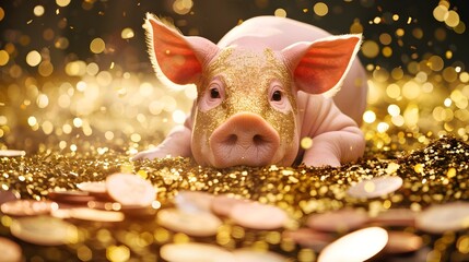 Golden Investment A Cute Piglet Lays Amidst Treasure on a Shiny Background