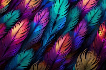 Feathers of a peacock arranged in a mesmerizing seamless pattern, displaying iridescent colors