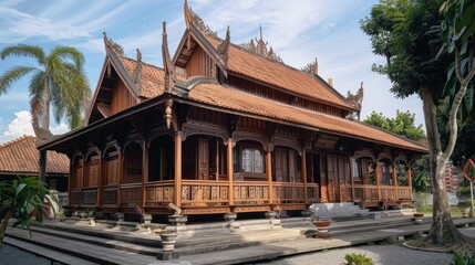 Obraz premium The house is wooden and has a variety of wood carving styles