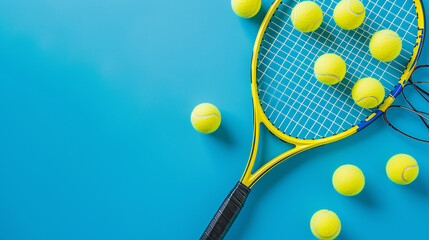 Holiday sport composition with yellow tennis balls and racket on a blue background. Generative Ai - obrazy, fototapety, plakaty